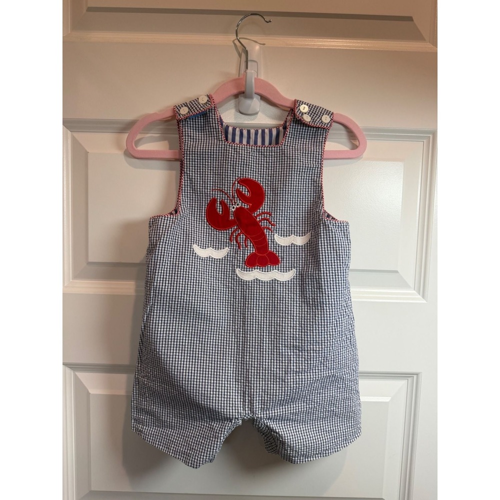 Anavini Kids Navy Gingham Lobster Applique Jon Jon Romper 18M Nautical Submarine